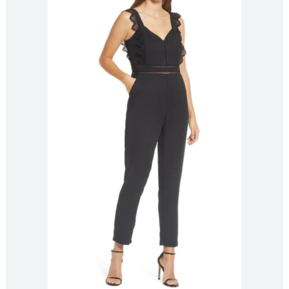 Adelyn Rae Black Crochet Ruffle Trim Ankle Length Jumpsuit Size Large
